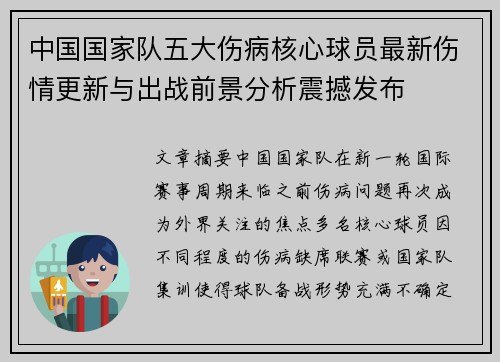 中国国家队五大伤病核心球员最新伤情更新与出战前景分析震撼发布 中国国家队五大伤病核心球员最新伤情更新与出战前景分析震撼发布